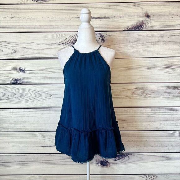 Anthropologie Cloth & Stone Navy Blue Raw Fringe Hem Halter Top - Picture 1 of 8